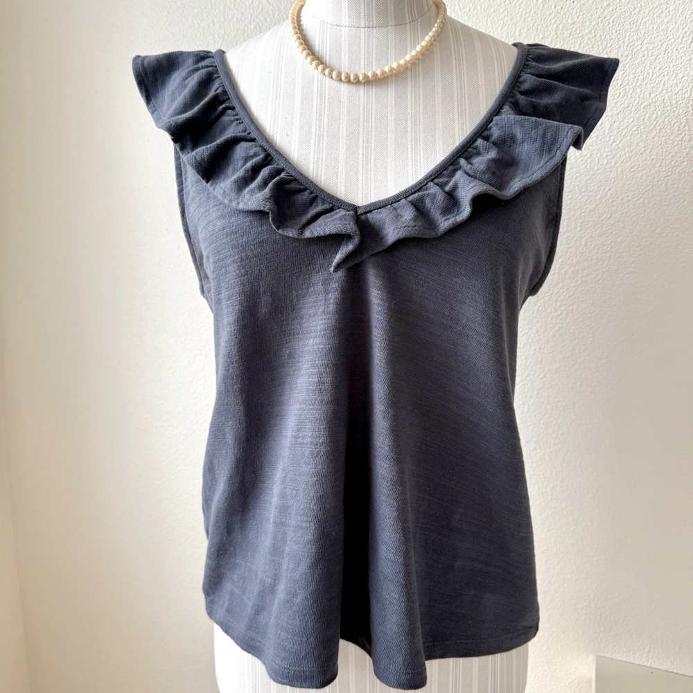 LOFT Ruffle V-Neck Sleeveless Cotton Tank Top Charcoal Gray Size Small